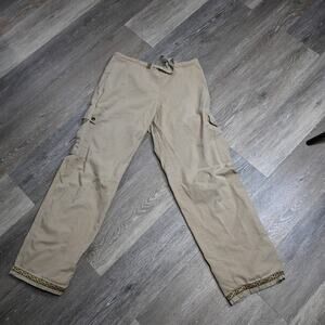 PrAna Cargo Pants Womens M Khaki Embroidered Hem Outdoor Boho